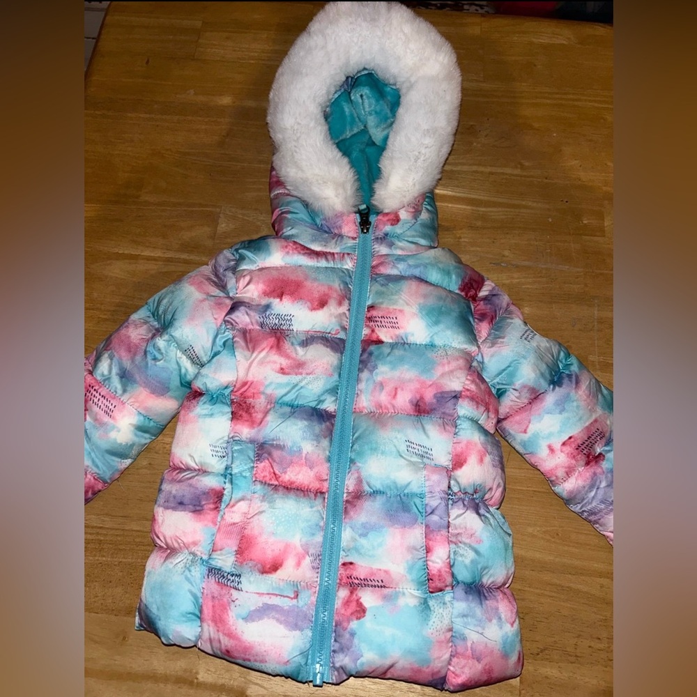Jacket winter coat puffer girls 2t cotton candy/ unicorn color faux fur Snozu